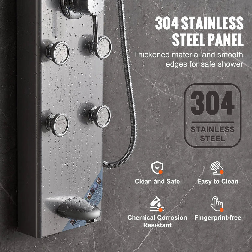 VEVOR Shower Panel System, 6 Shower Modes, Digital Display Shower Panel Tower, Rainfall, 8 Massage Jets, Tub Spout, 3-Setting Handheld Shower Head 59