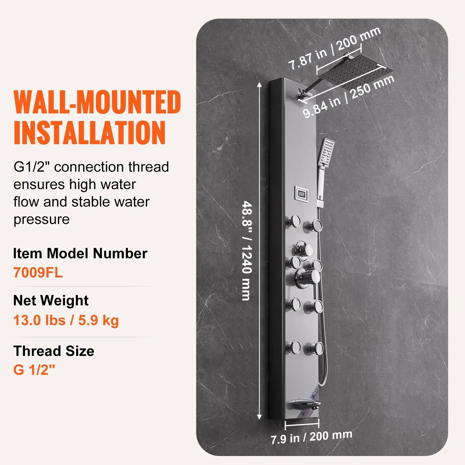 VEVOR Shower Panel System, 6 Shower Modes, Digital Display Shower Panel Tower, Rainfall, 8 Massage Jets, Tub Spout, 3-Setting Handheld Shower Head 59