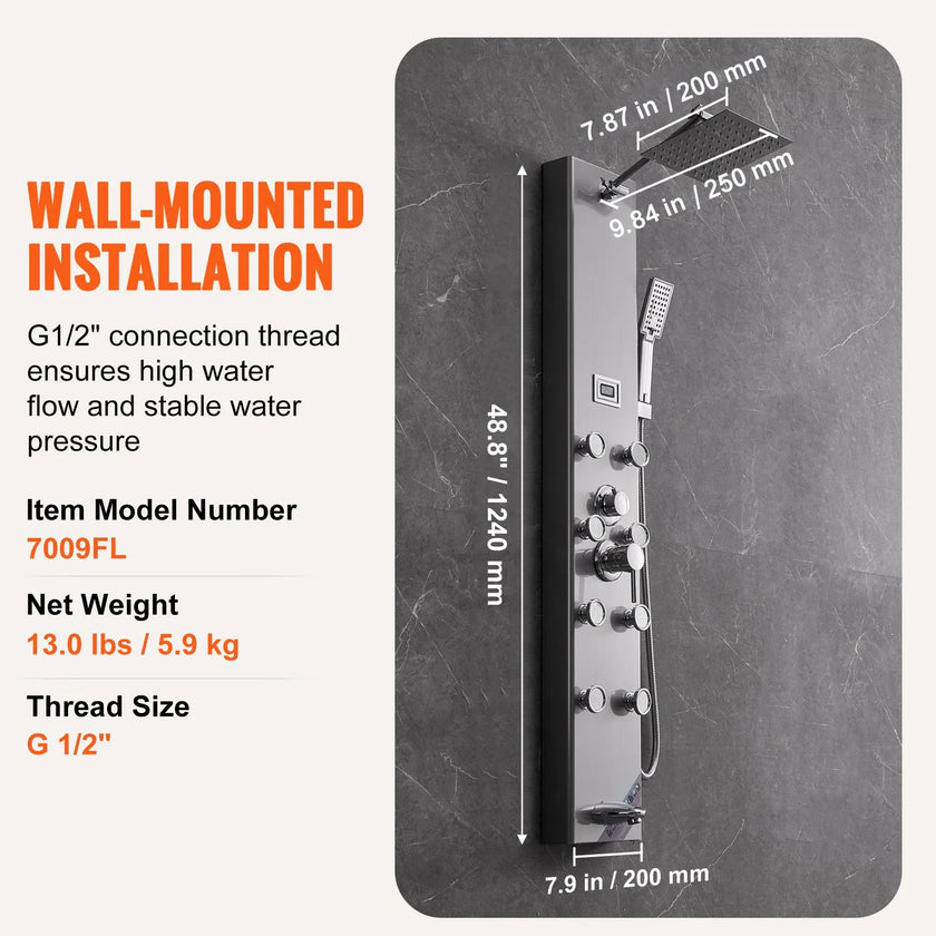 VEVOR Shower Panel System, 6 Shower Modes, Digital Display Shower Panel Tower, Rainfall, 8 Massage Jets, Tub Spout, 3-Setting Handheld Shower Head 59