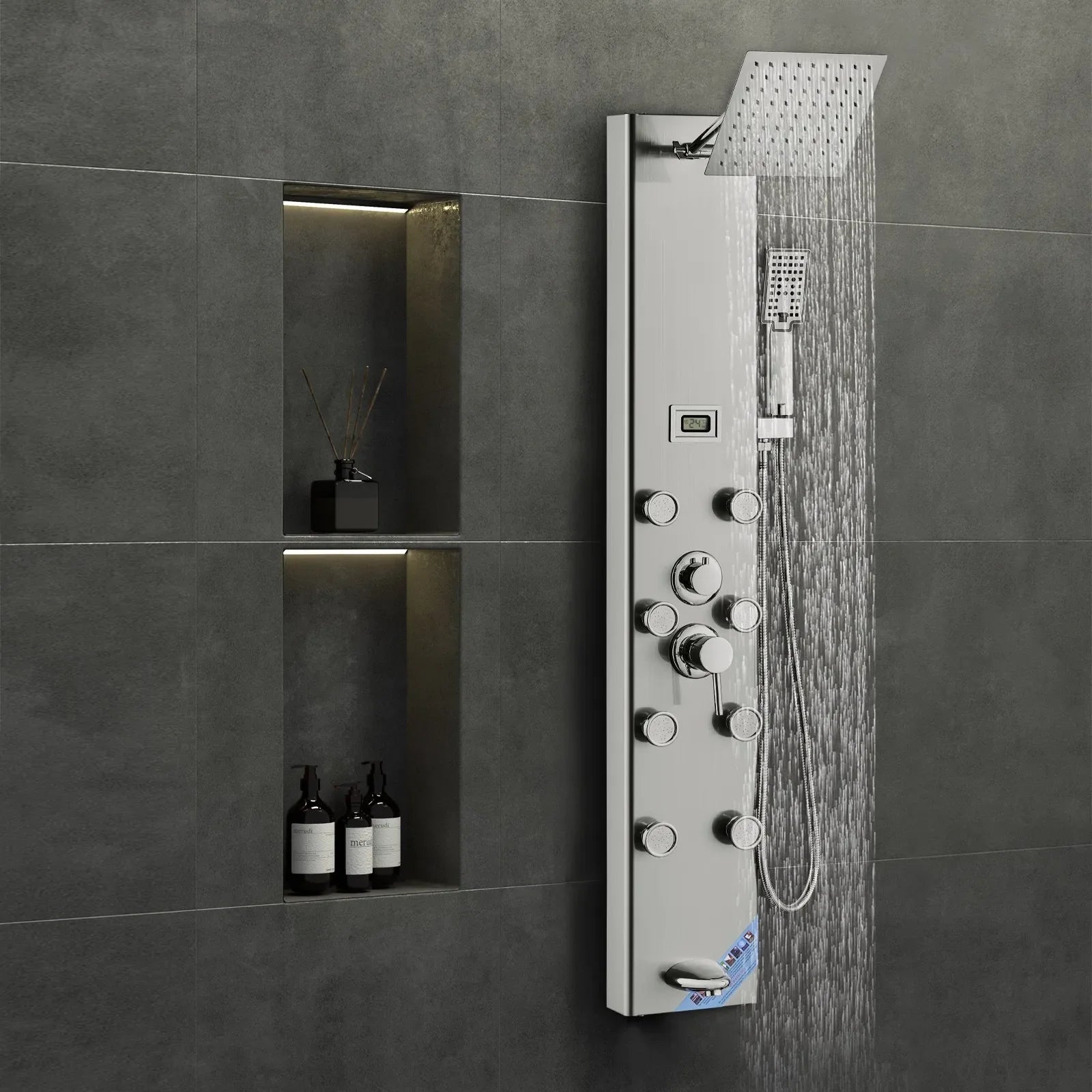 VEVOR Shower Panel System, 6 Shower Modes, Digital Display Shower Panel Tower, Rainfall, 8 Massage Jets, Tub Spout, 3-Setting Handheld Shower Head 59