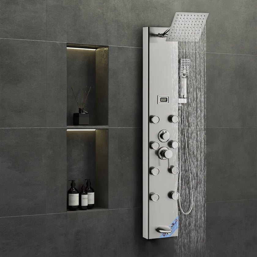 VEVOR Shower Panel System, 6 Shower Modes, Digital Display Shower Panel Tower, Rainfall, 8 Massage Jets, Tub Spout, 3-Setting Handheld Shower Head 59