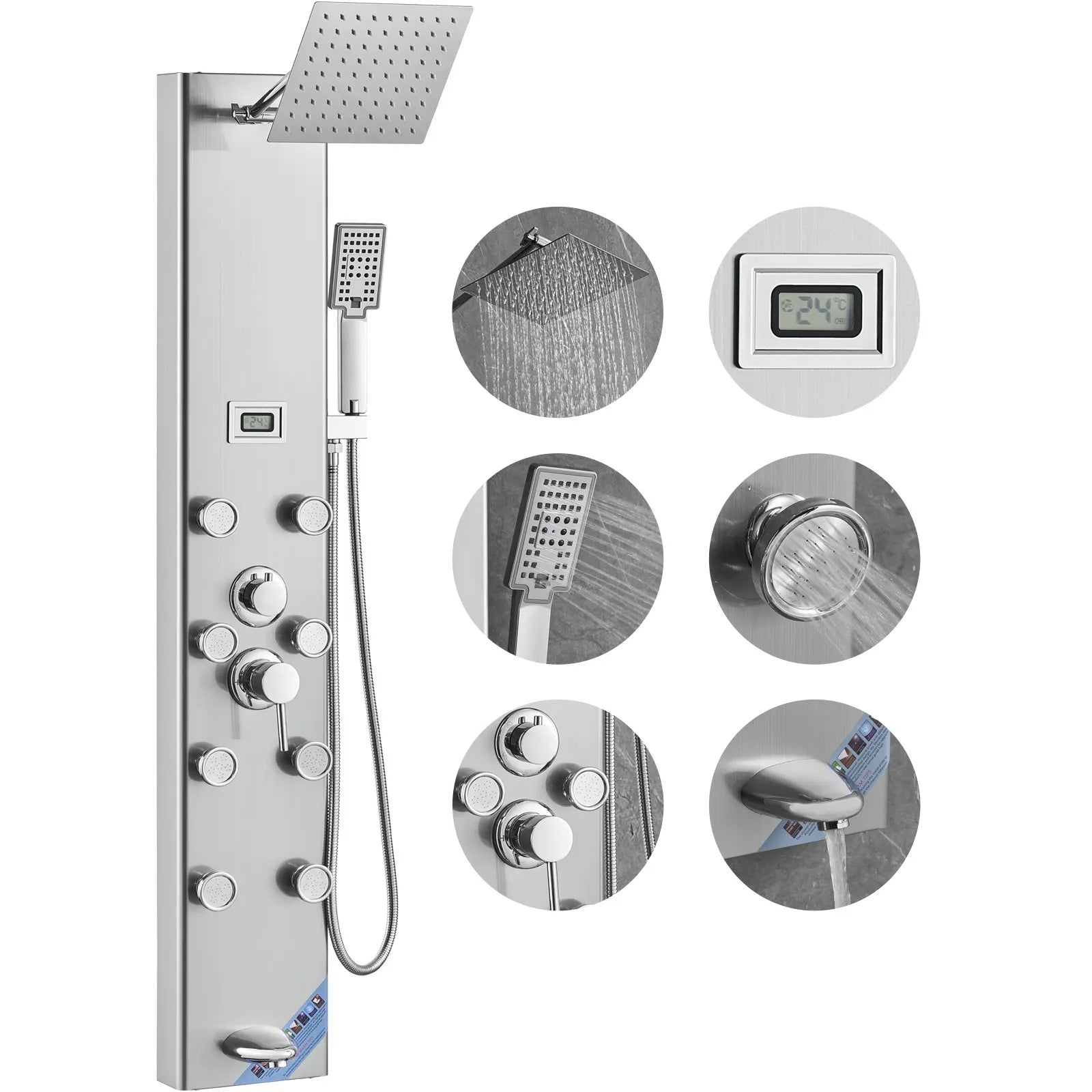 VEVOR Shower Panel System, 6 Shower Modes, Digital Display Shower Panel Tower, Rainfall, 8 Massage Jets, Tub Spout, 3-Setting Handheld Shower Head 59