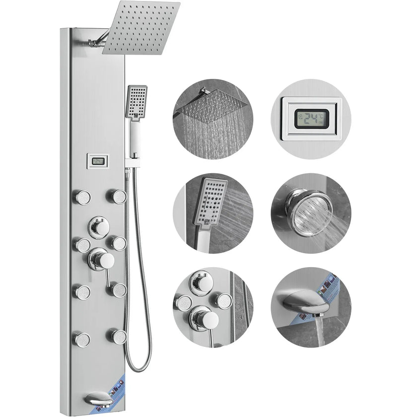 VEVOR Shower Panel System, 6 Shower Modes, Digital Display Shower Panel Tower, Rainfall, 8 Massage Jets, Tub Spout, 3-Setting Handheld Shower Head 59