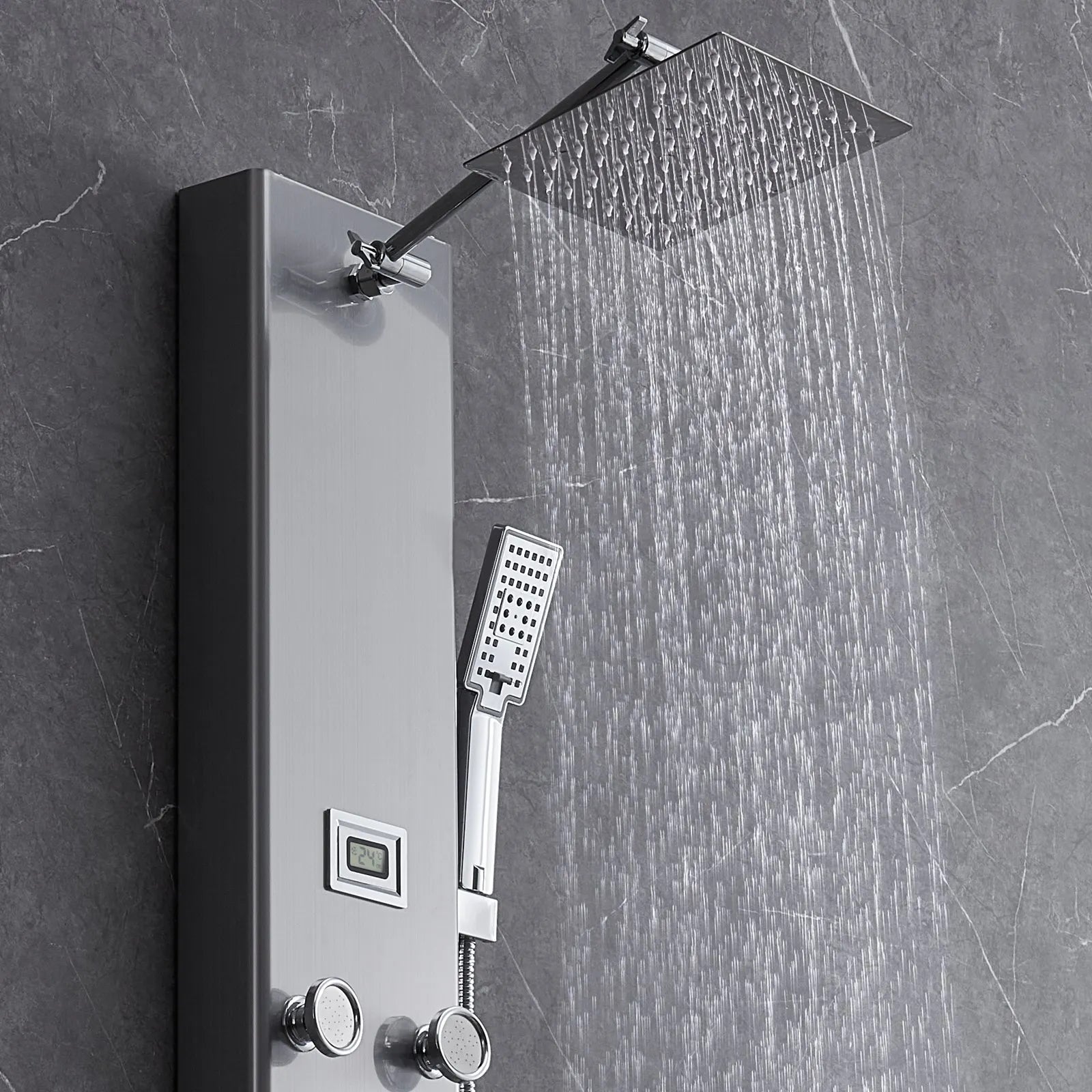VEVOR Shower Panel System, 6 Shower Modes, Digital Display Shower Panel Tower, Rainfall, 8 Massage Jets, Tub Spout, 3-Setting Handheld Shower Head 59