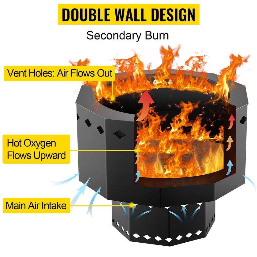 VEVOR Smokeless Fire Pit, Carbon Steel Stove Bonfire, Large 15 inch Diameter Wood Burning Fire Pit, Outdoor Stove Bonfire Fire Pit, Portable Smokeless Fire Bowl for Picnic Camping Backyard Black