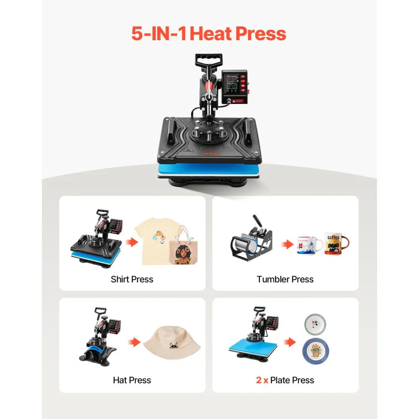 VEVOR Heat Press, 5 in 1 Heat Press 12x15 Machine Machine, Digital Precise Temperature Control, Clamshell Sublimation Transfer Printer Fast Heat-up, Vinyl Heat Press for Mug Cup T-Shirt Plate, 900W