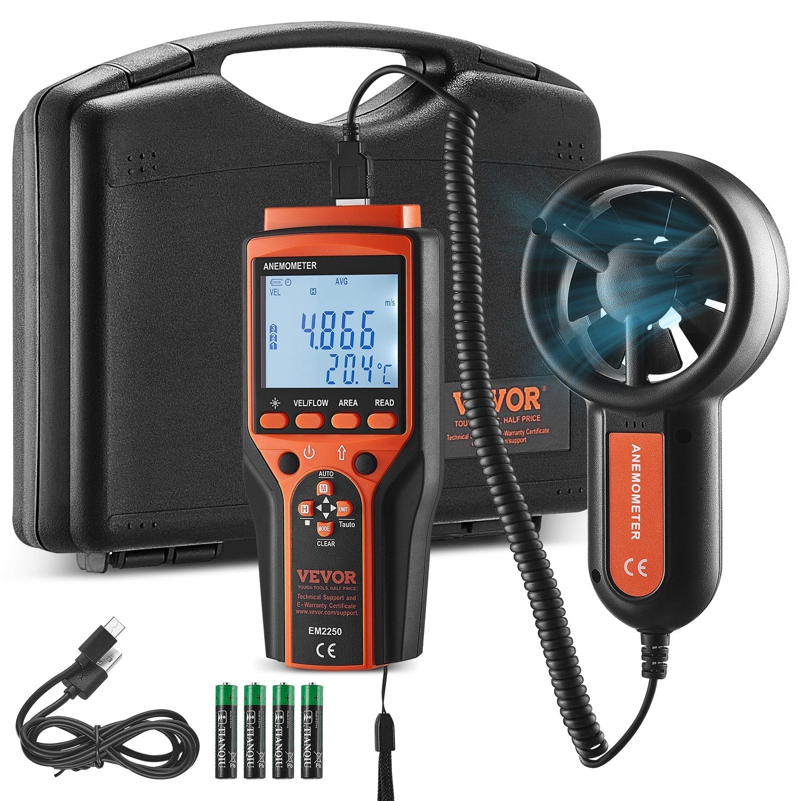 VEVOR Split Handheld Anemometer, 14?-140?, Digital Wind Speed CFM Meter Gauge with LED Backlight Screen, Measures Wind Velocity Wind Temperature Air Flow Wind Chill, for Sailing Surfing Flying HVAC