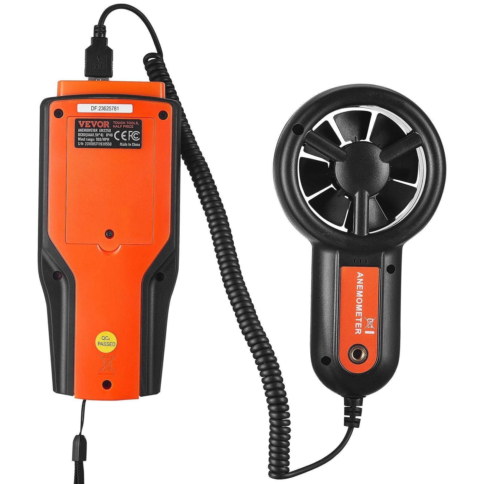 VEVOR Split Handheld Anemometer, 14?-140?, Digital Wind Speed CFM Meter Gauge with LED Backlight Screen, Measures Wind Velocity Wind Temperature Air Flow Wind Chill, for Sailing Surfing Flying HVAC