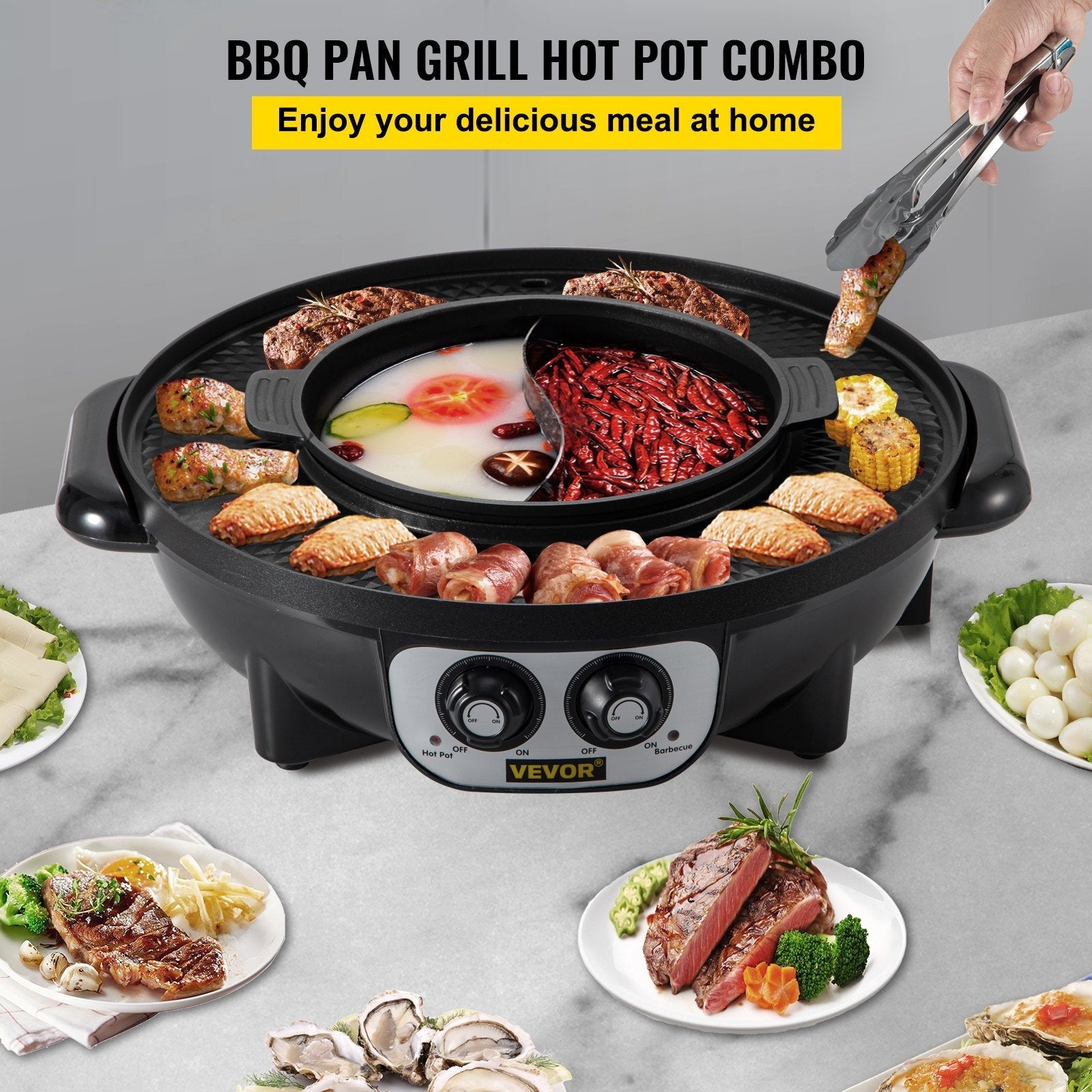 VEVOR 2 in 1 Electric Grill and Hot Pot, 2200W BBQ Pan Grill and Hot Pot, Multifunctional Teppanyaki Grill Pot with Dual Temp Control, Smokeless Hot Pot Grill with Nonstick Coating for 1-8 People