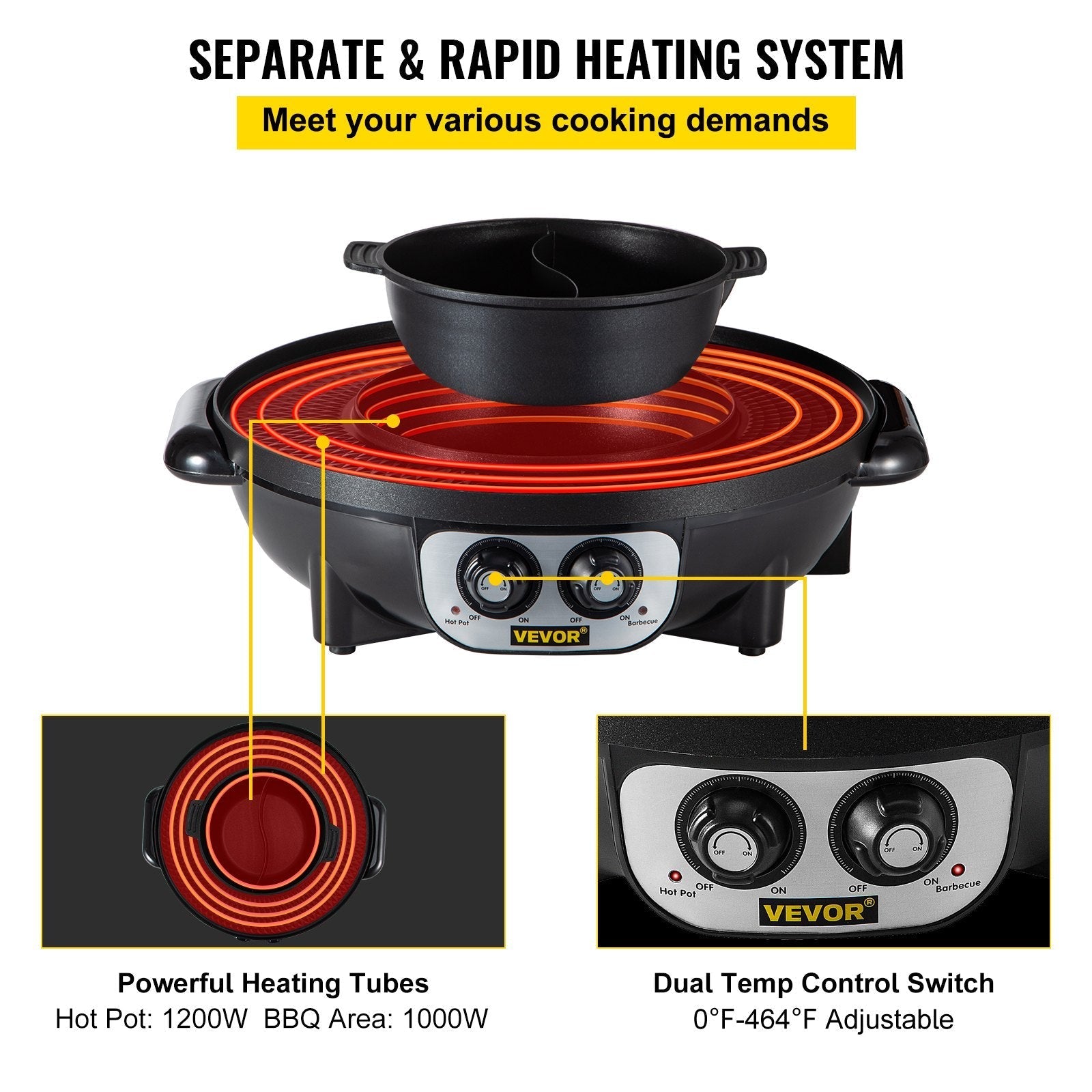 VEVOR 2 in 1 Electric Grill and Hot Pot, 2200W BBQ Pan Grill and Hot Pot, Multifunctional Teppanyaki Grill Pot with Dual Temp Control, Smokeless Hot Pot Grill with Nonstick Coating for 1-8 People