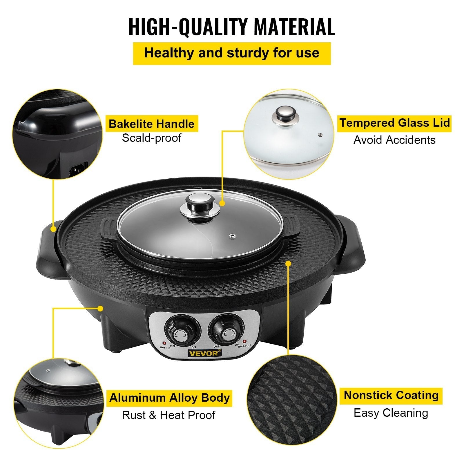 VEVOR 2 in 1 Electric Grill and Hot Pot, 2200W BBQ Pan Grill and Hot Pot, Multifunctional Teppanyaki Grill Pot with Dual Temp Control, Smokeless Hot Pot Grill with Nonstick Coating for 1-8 People