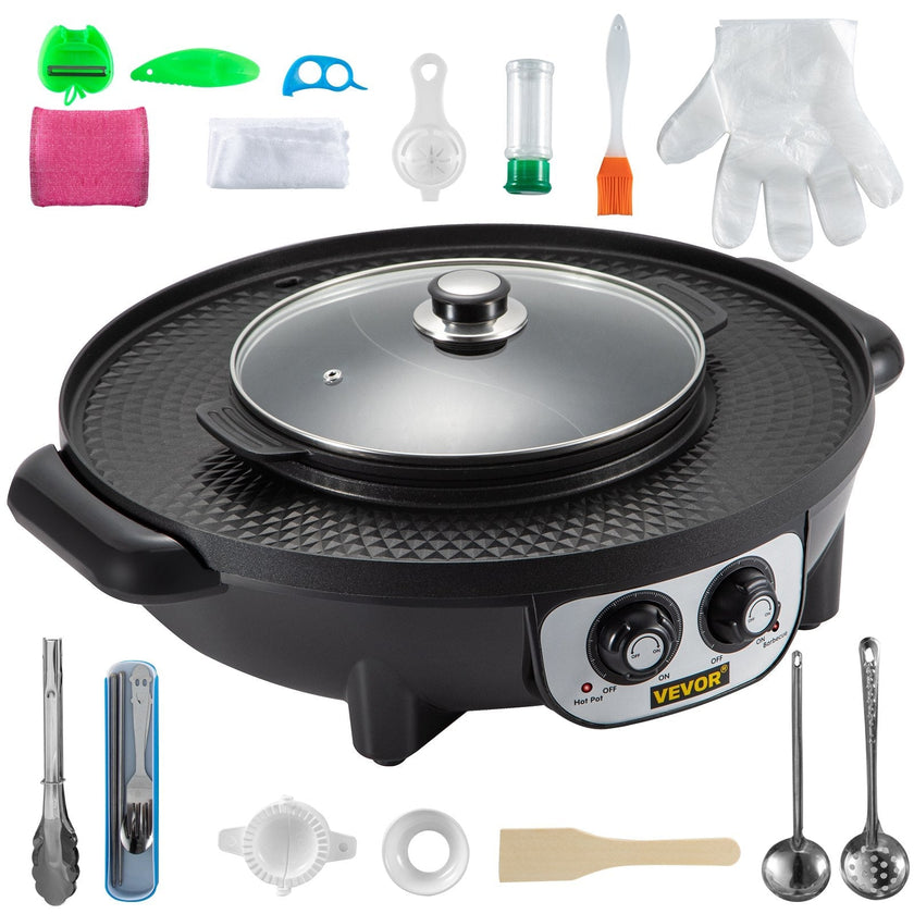 VEVOR 2 in 1 Electric Grill and Hot Pot, 2200W BBQ Pan Grill and Hot Pot, Multifunctional Teppanyaki Grill Pot with Dual Temp Control, Smokeless Hot Pot Grill with Nonstick Coating for 1-8 People