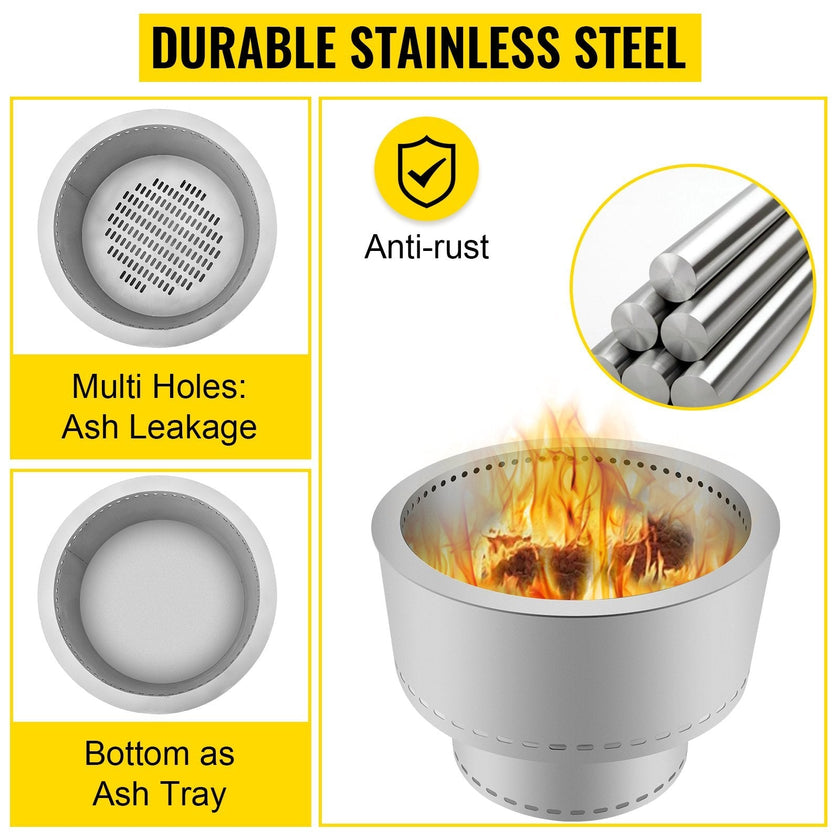 VEVOR Smokeless Fire Pit, Stainless Steel Stove Bonfire, Large 20 inch Diameter Wood Burning Fire Pit, Outdoor Stove Bonfire Fire Pit, Portable Smokeless Fire Bowl for Picnic Camping Backyard Silver