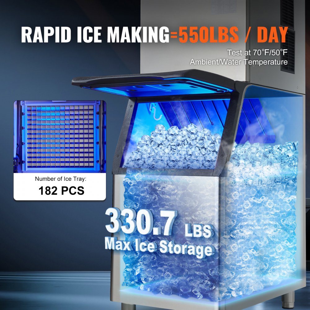 VEVOR Commercial Ice Maker, 550LBS/24H Ice Making Machine with 330.7LBS Large Storage Bin, 1000W Auto Self-Cleaning Ice Maker Machine with 3.5-inch LED Panel for Bar Cafe Restaurant Business