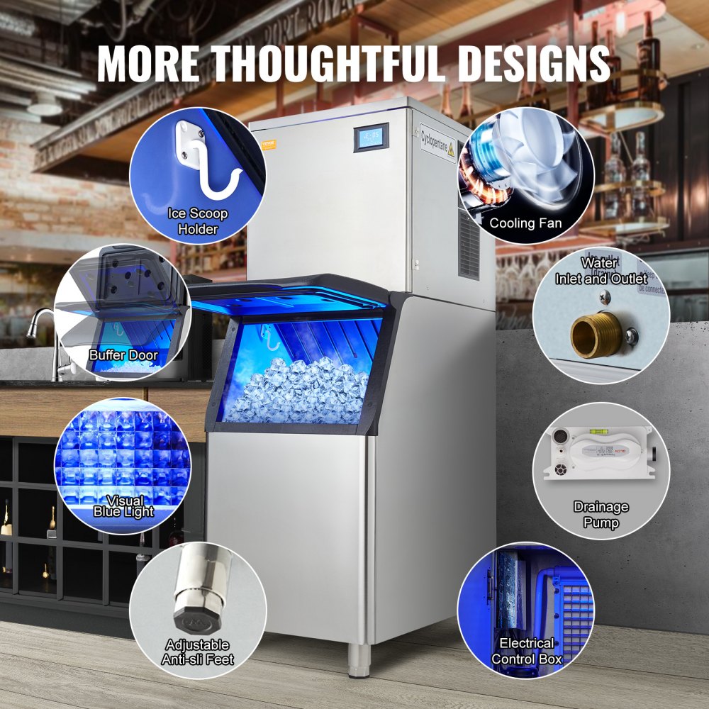 VEVOR Commercial Ice Maker, 550LBS/24H Ice Making Machine with 330.7LBS Large Storage Bin, 1000W Auto Self-Cleaning Ice Maker Machine with 3.5-inch LED Panel for Bar Cafe Restaurant Business