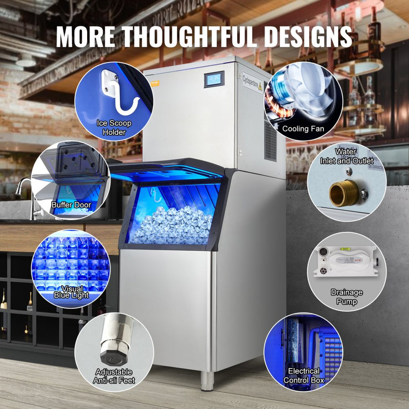 VEVOR Commercial Ice Maker, 550LBS/24H Ice Making Machine with 330.7LBS Large Storage Bin, 1000W Auto Self-Cleaning Ice Maker Machine with 3.5-inch LED Panel for Bar Cafe Restaurant Business