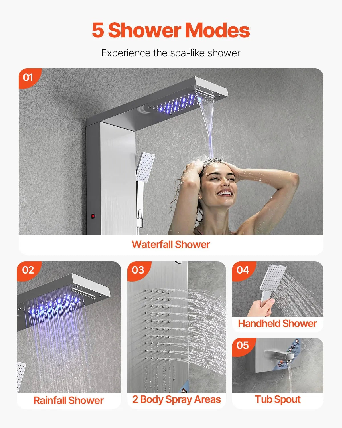 VEVOR Shower Panel Tower System Stainless Steel Column Rainfall Head 5 Modes