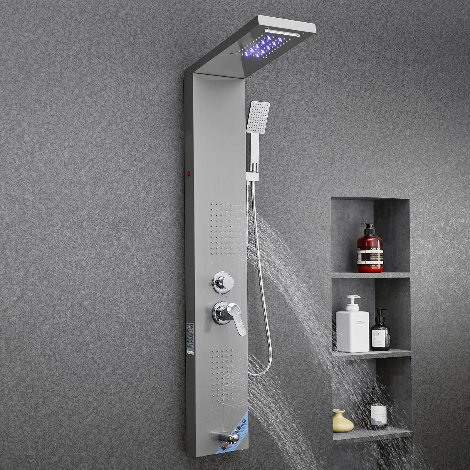 VEVOR Shower Panel Tower System Stainless Steel Column Rainfall Head 5 Modes