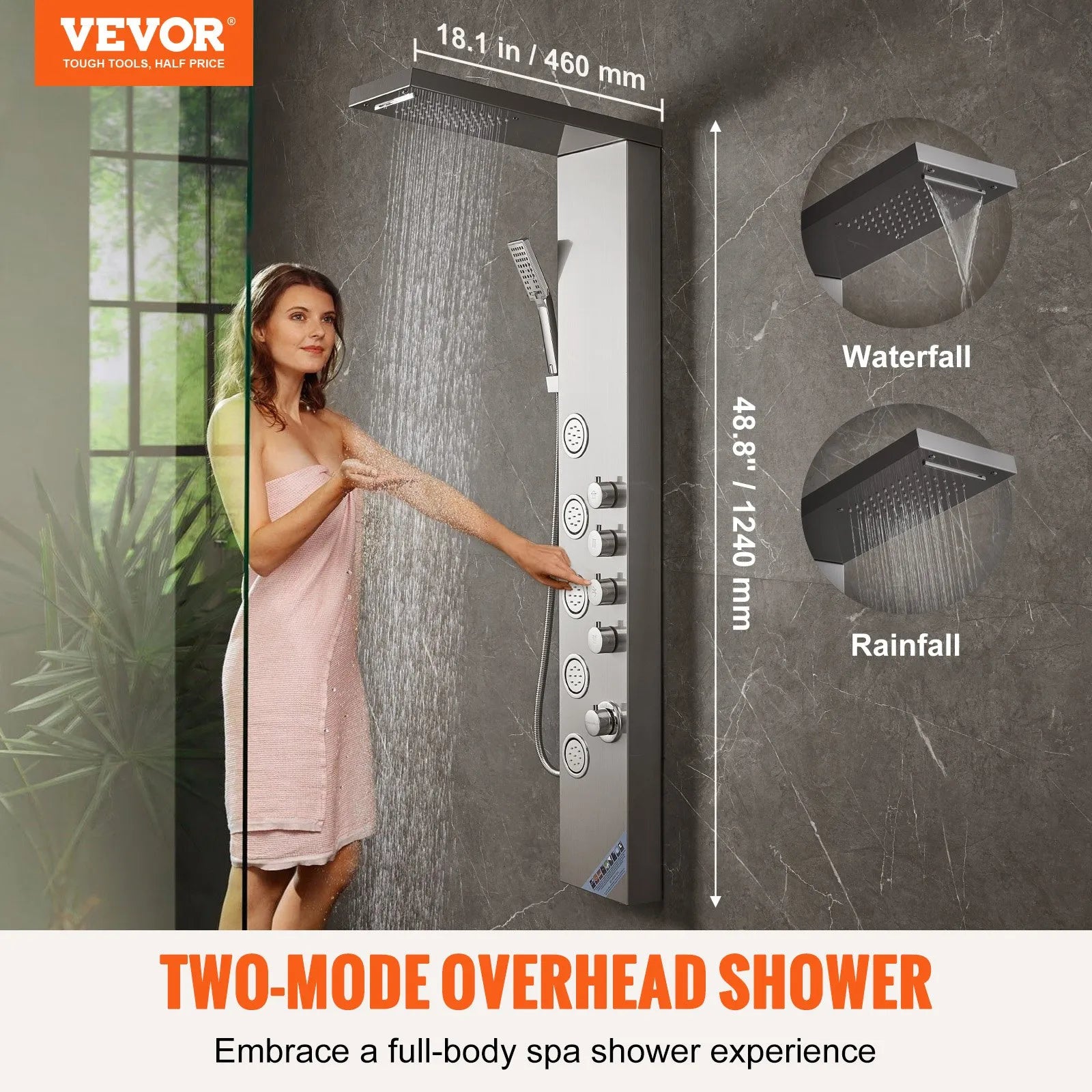 VEVOR Shower Panel System, 4 Shower Modes Shower Panel Tower, Rainfall, Waterfall, 5 Full Body Massage Jets and 3-Setting Handheld Shower Head with 59