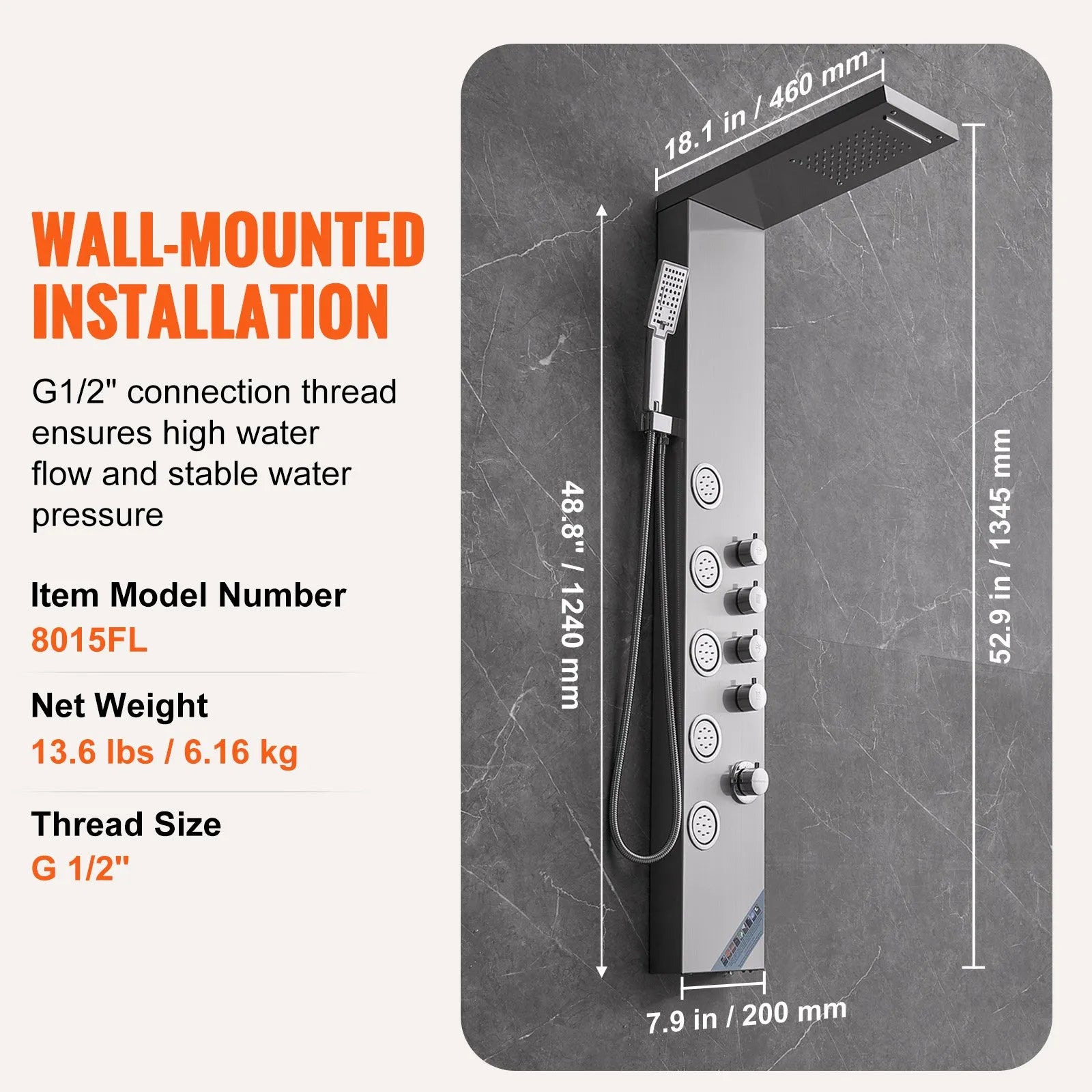VEVOR Shower Panel System, 4 Shower Modes Shower Panel Tower, Rainfall, Waterfall, 5 Full Body Massage Jets and 3-Setting Handheld Shower Head with 59