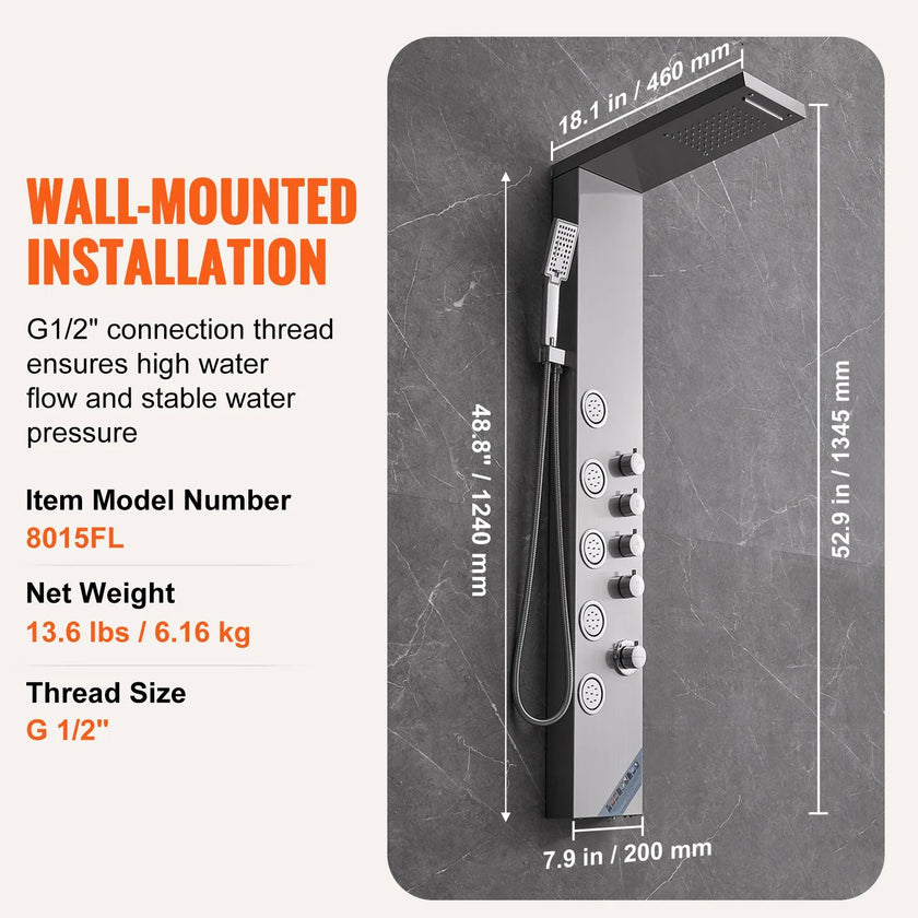 VEVOR Shower Panel System, 4 Shower Modes Shower Panel Tower, Rainfall, Waterfall, 5 Full Body Massage Jets and 3-Setting Handheld Shower Head with 59