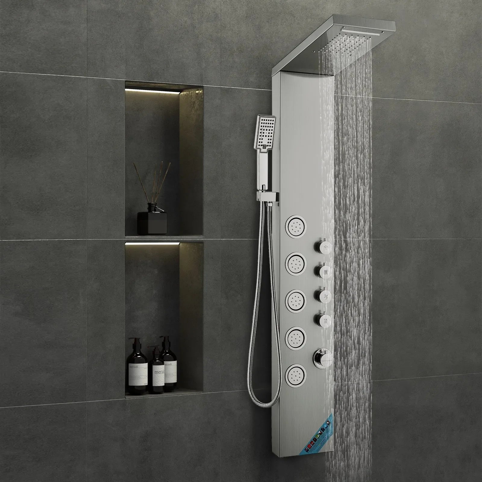 VEVOR Shower Panel System, 4 Shower Modes Shower Panel Tower, Rainfall, Waterfall, 5 Full Body Massage Jets and 3-Setting Handheld Shower Head with 59