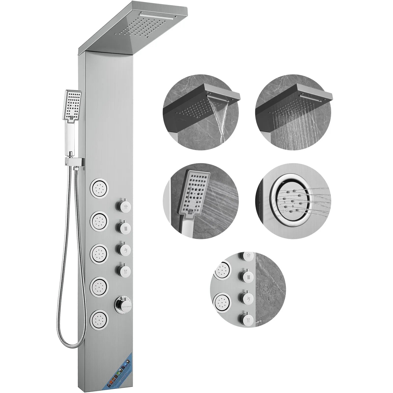 VEVOR Shower Panel System, 4 Shower Modes Shower Panel Tower, Rainfall, Waterfall, 5 Full Body Massage Jets and 3-Setting Handheld Shower Head with 59