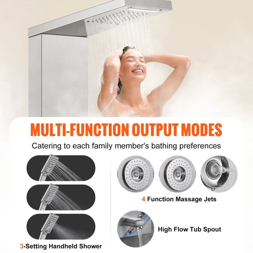 VEVOR Shower Panel System, 6 Shower Modes, LED & Display Shower Panel Tower, Rainfall, Waterfall, 4 Body Massage Jets, Tub Spout, Handheld Shower Head 59