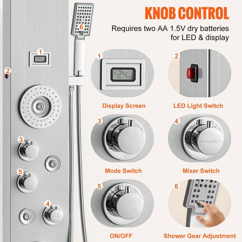 VEVOR Shower Panel System, 6 Shower Modes, LED & Display Shower Panel Tower, Rainfall, Waterfall, 4 Body Massage Jets, Tub Spout, Handheld Shower Head 59
