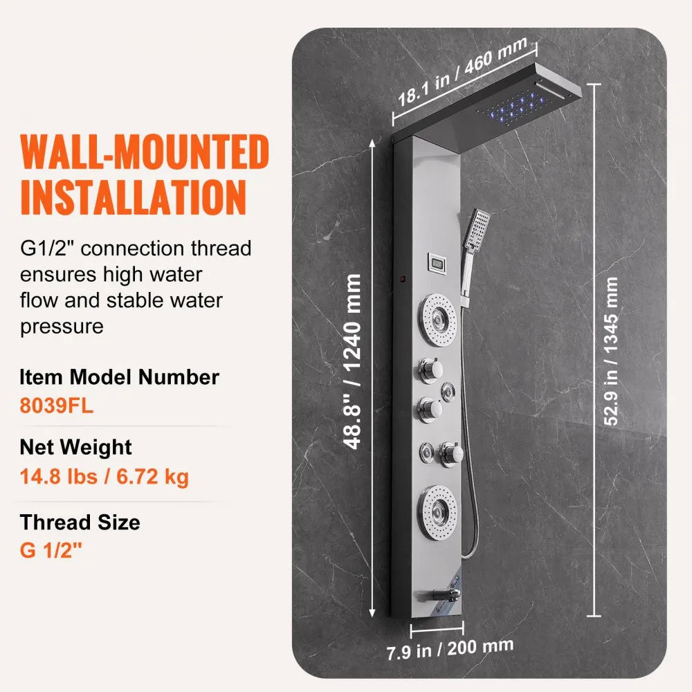 VEVOR Shower Panel System, 6 Shower Modes, LED & Display Shower Panel Tower, Rainfall, Waterfall, 4 Body Massage Jets, Tub Spout, Handheld Shower Head 59