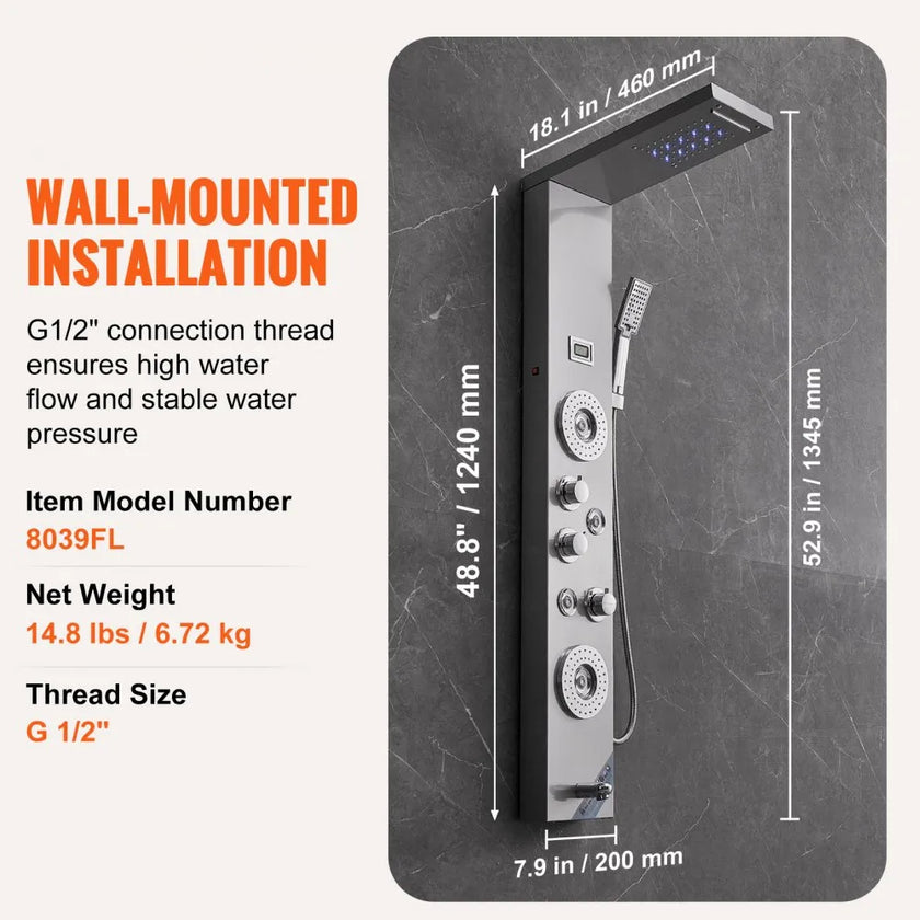 VEVOR Shower Panel System, 6 Shower Modes, LED & Display Shower Panel Tower, Rainfall, Waterfall, 4 Body Massage Jets, Tub Spout, Handheld Shower Head 59