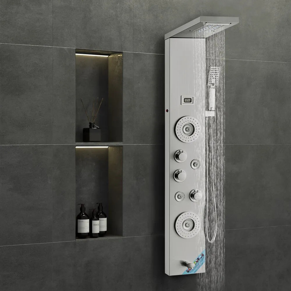 VEVOR Shower Panel System, 6 Shower Modes, LED & Display Shower Panel Tower, Rainfall, Waterfall, 4 Body Massage Jets, Tub Spout, Handheld Shower Head 59