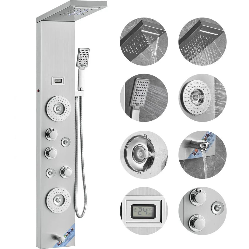 VEVOR Shower Panel System, 6 Shower Modes, LED & Display Shower Panel Tower, Rainfall, Waterfall, 4 Body Massage Jets, Tub Spout, Handheld Shower Head 59