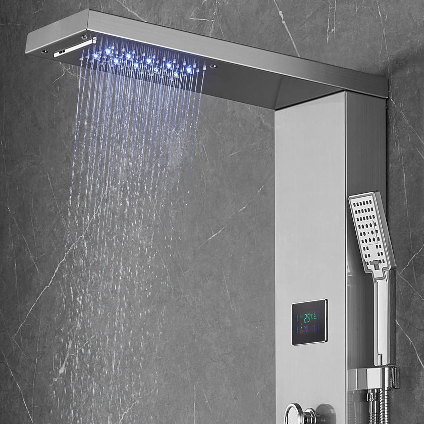 VEVOR Shower Panel System, 6 Shower Modes, LED & Screen Hydroelectricity Shower Panel Tower, Rainfall, Waterfall, 8 Massage Jets, Tub Spout, Handheld Shower, Stainless Steel Wall-Mounted Shower Set