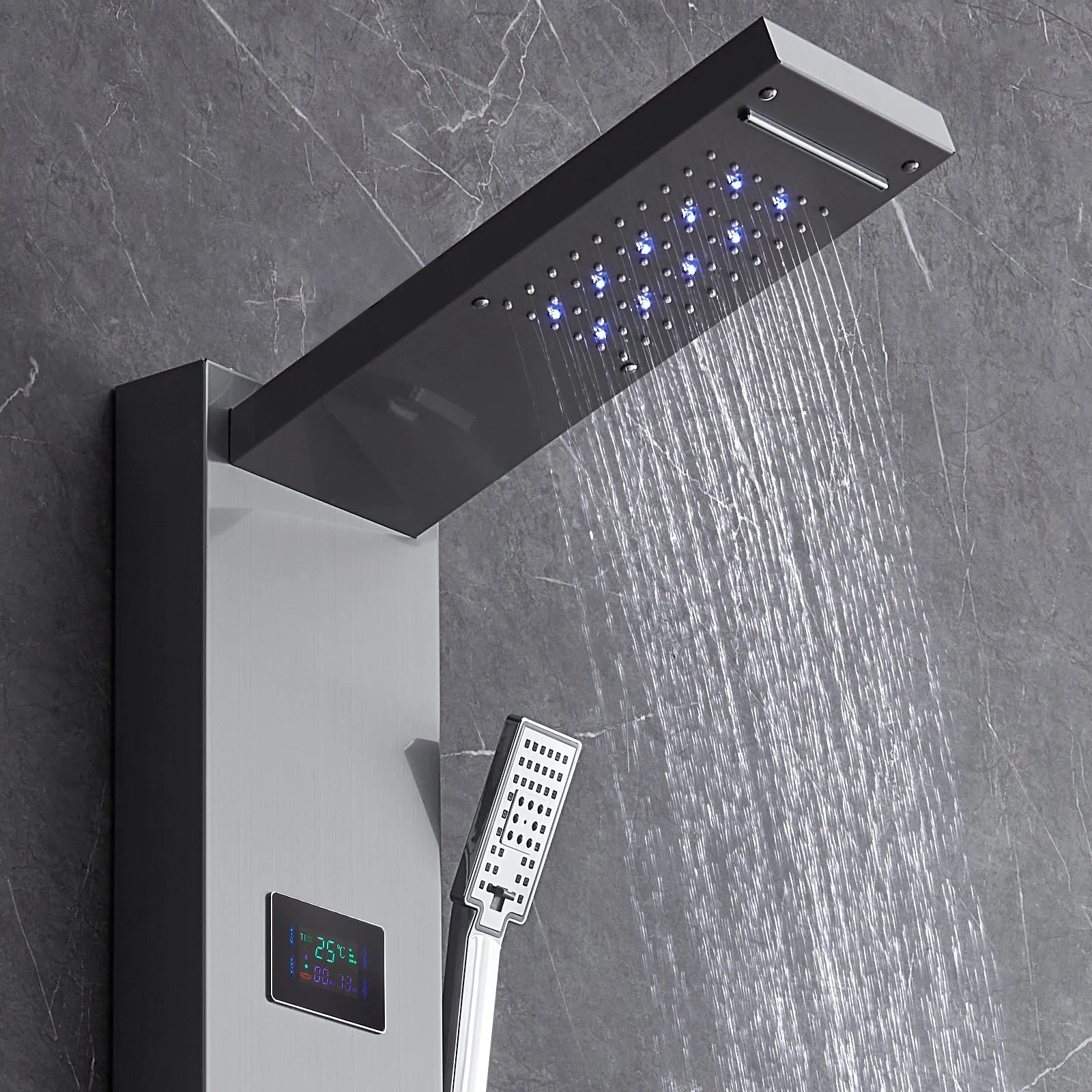 VEVOR Shower Panel System, 6 Shower Modes, LED & Screen Hydroelectricity Shower Panel Tower, Rainfall, Waterfall, 5 Massage Jets, Tub Spout, Handheld Shower, Stainless Steel Wall-Mounted Shower Set