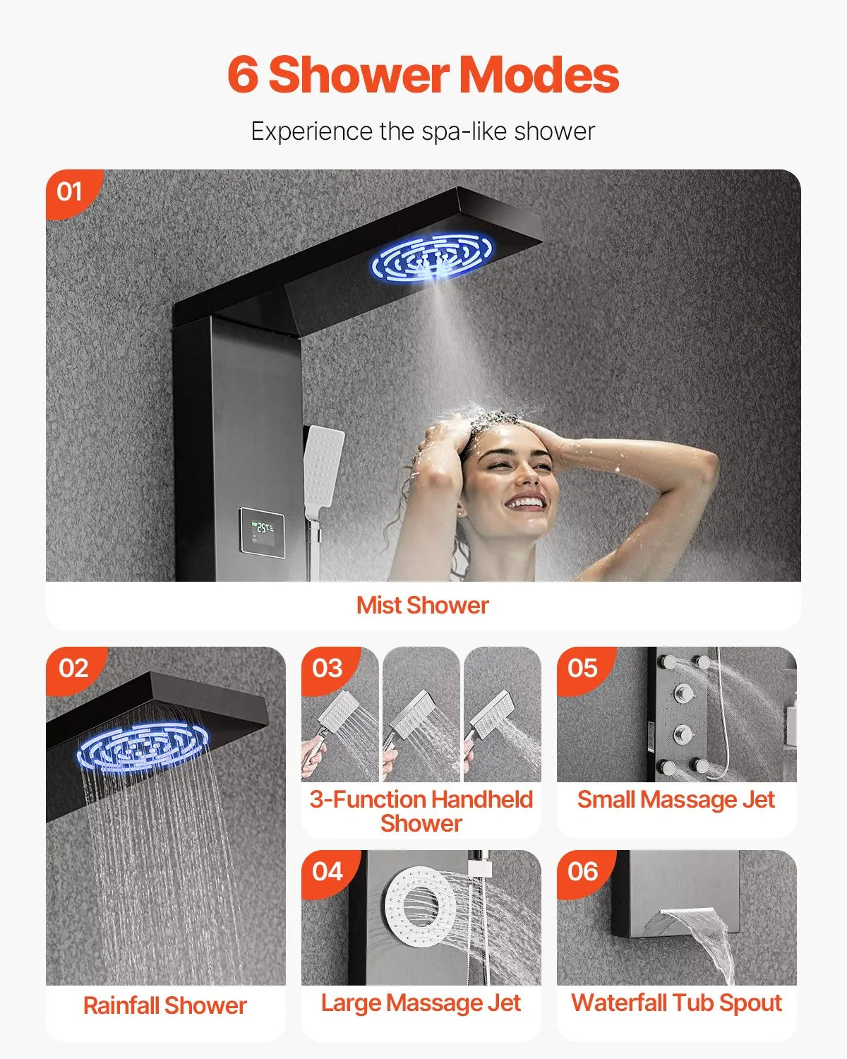 VEVOR Shower Panel Tower System Stainless Steel Column Rainfall Head Massage Jet