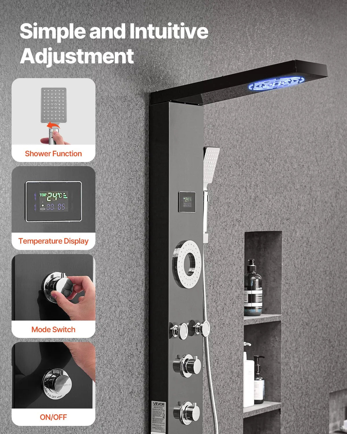 VEVOR Shower Panel Tower System Stainless Steel Column Rainfall Head Massage Jet