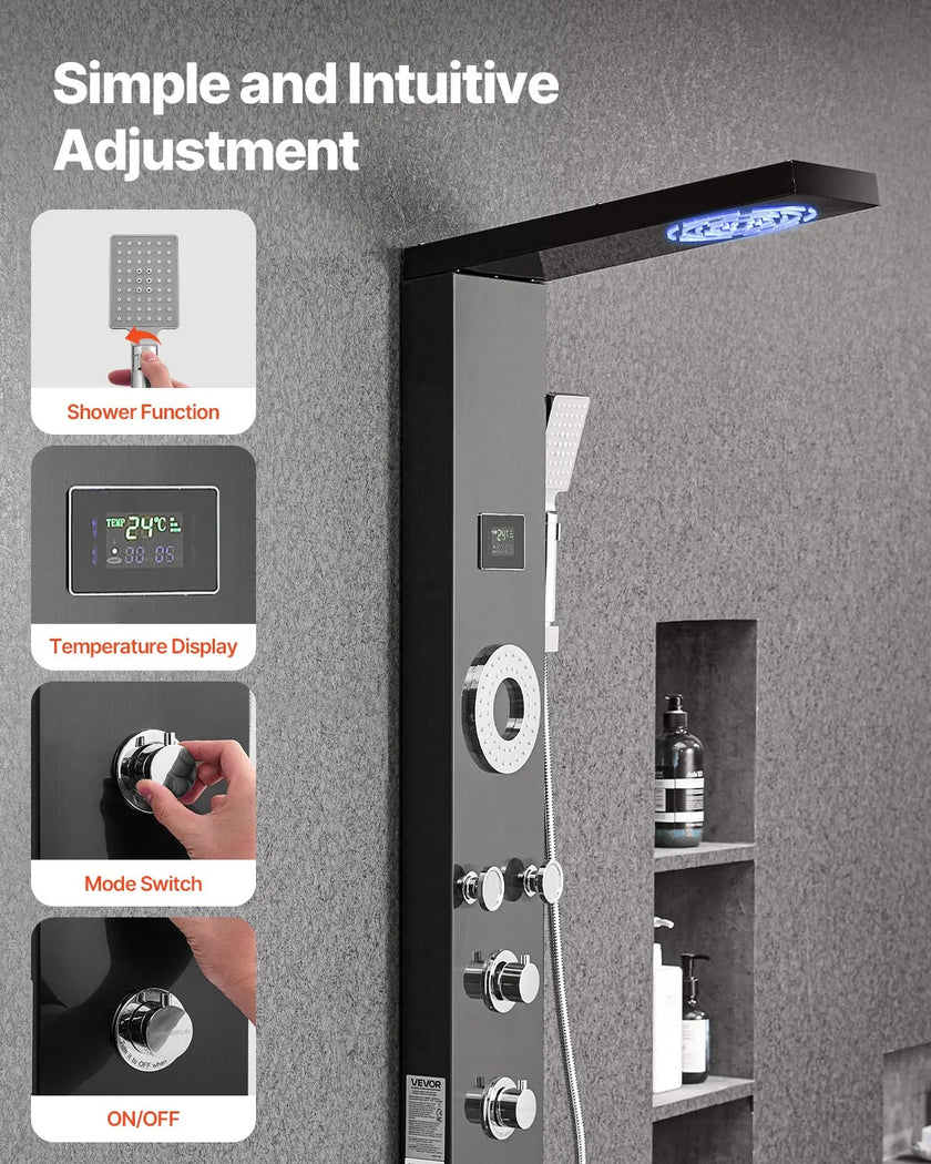 VEVOR Shower Panel Tower System Stainless Steel Column Rainfall Head Massage Jet