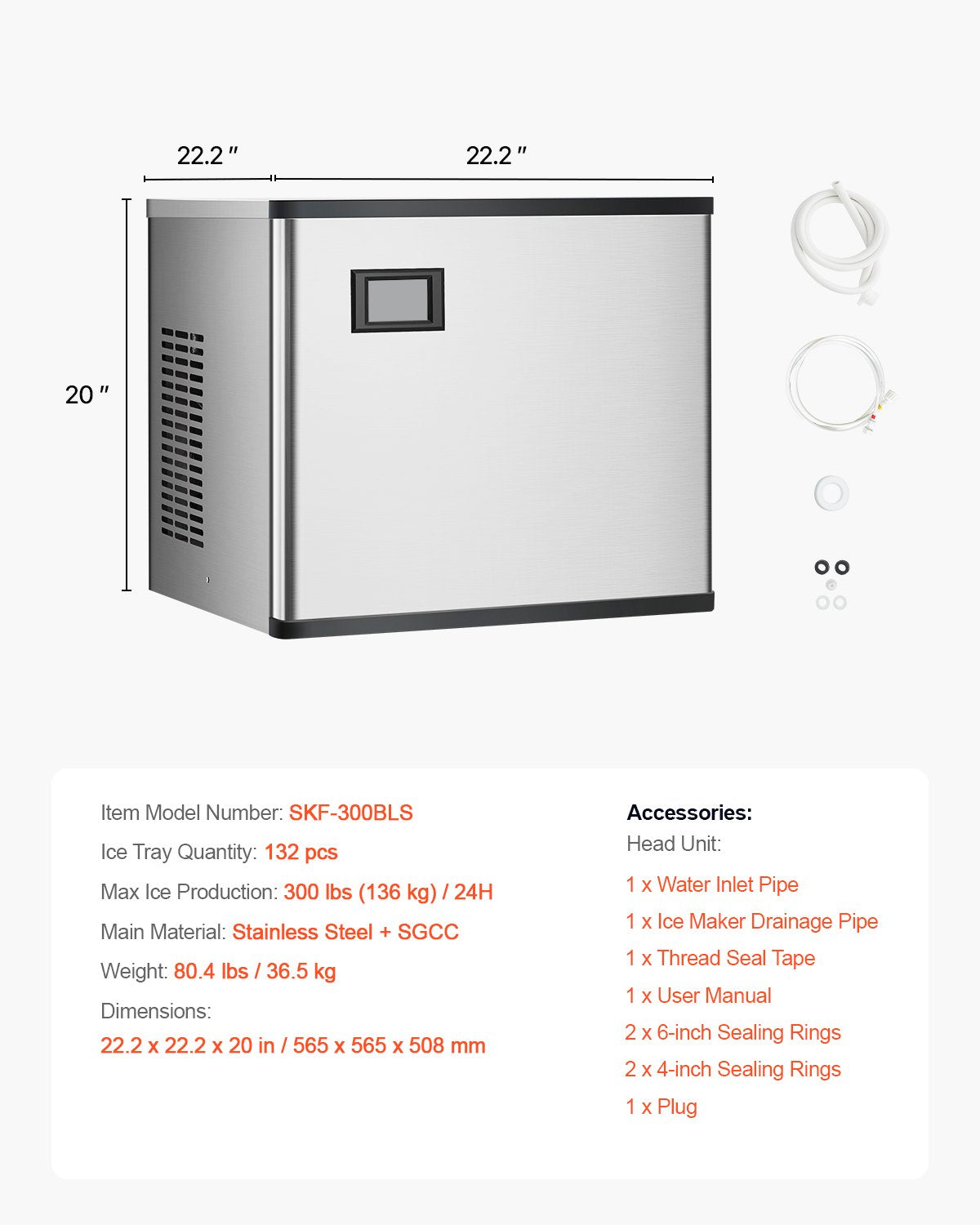 VEVOR Commercial Ice Maker 300 lbs/24 h Self-Cleaning Ice Machine - Head Only