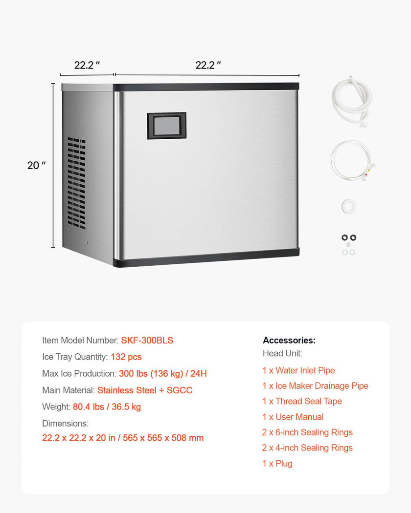 VEVOR Commercial Ice Maker 300 lbs/24 h Self-Cleaning Ice Machine - Head Only