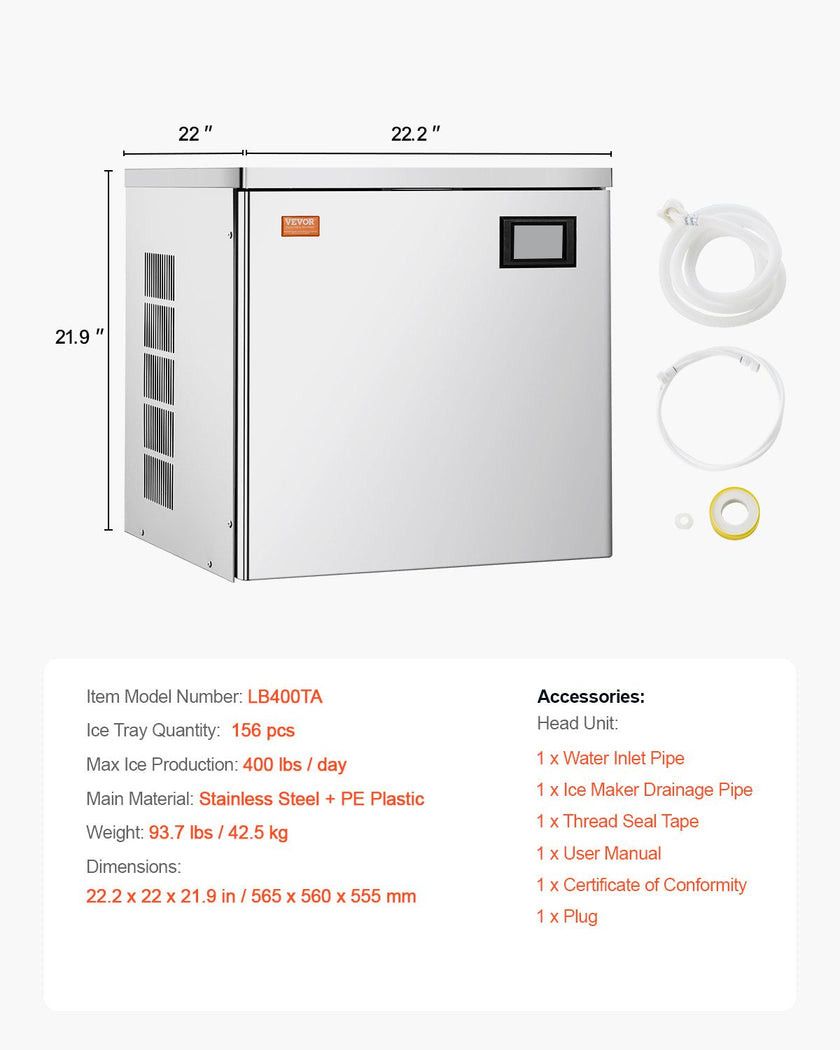 VEVOR Commercial Ice Maker 400 lbs/Day Self-Cleaning Ice Machine - Head Only
