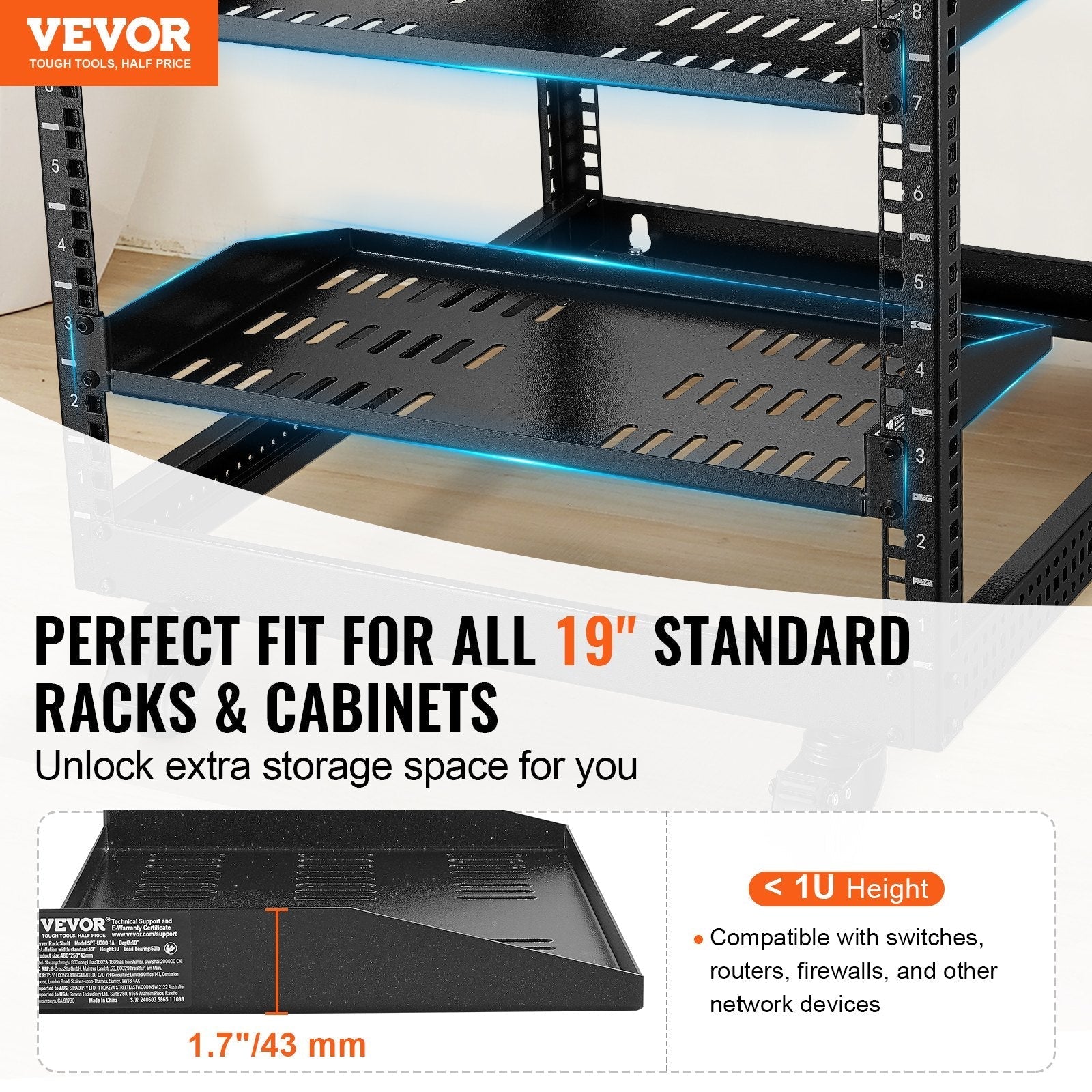 VEVOR 2PCS 1U Server Rack Shelf 10