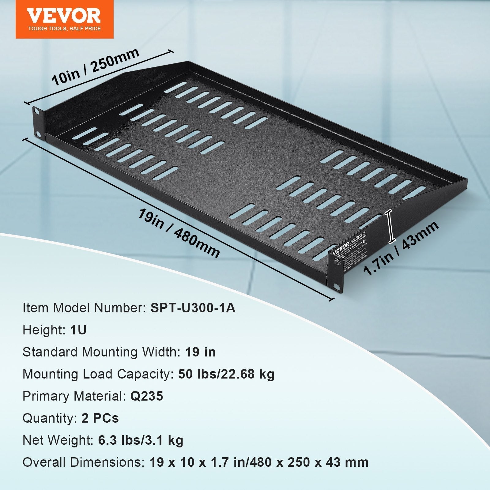 VEVOR 2PCS 1U Server Rack Shelf 10