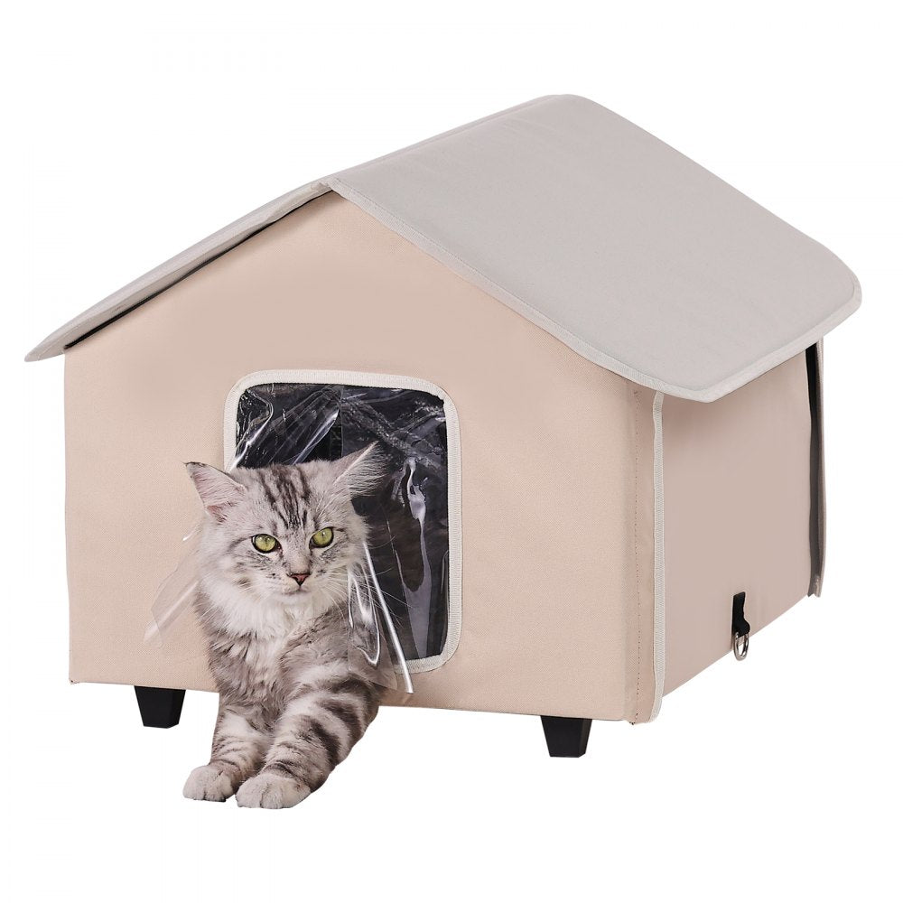 VEVOR Elevated Heated Cat House Kitty Shelter with Heated Pad Brown Middle