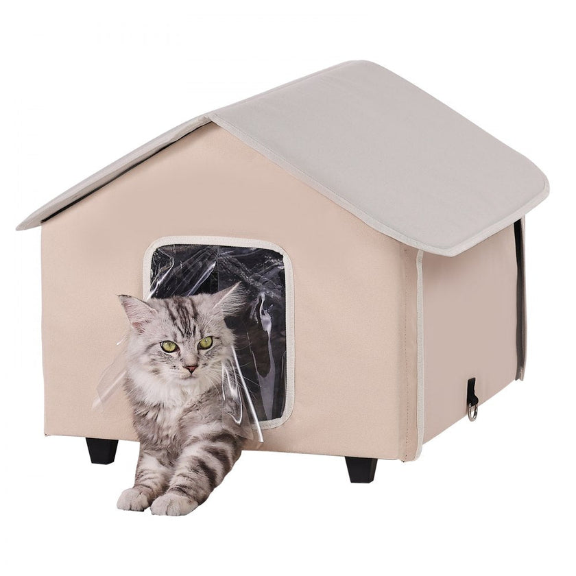 VEVOR Elevated Heated Cat House Kitty Shelter with Heated Pad Brown Middle