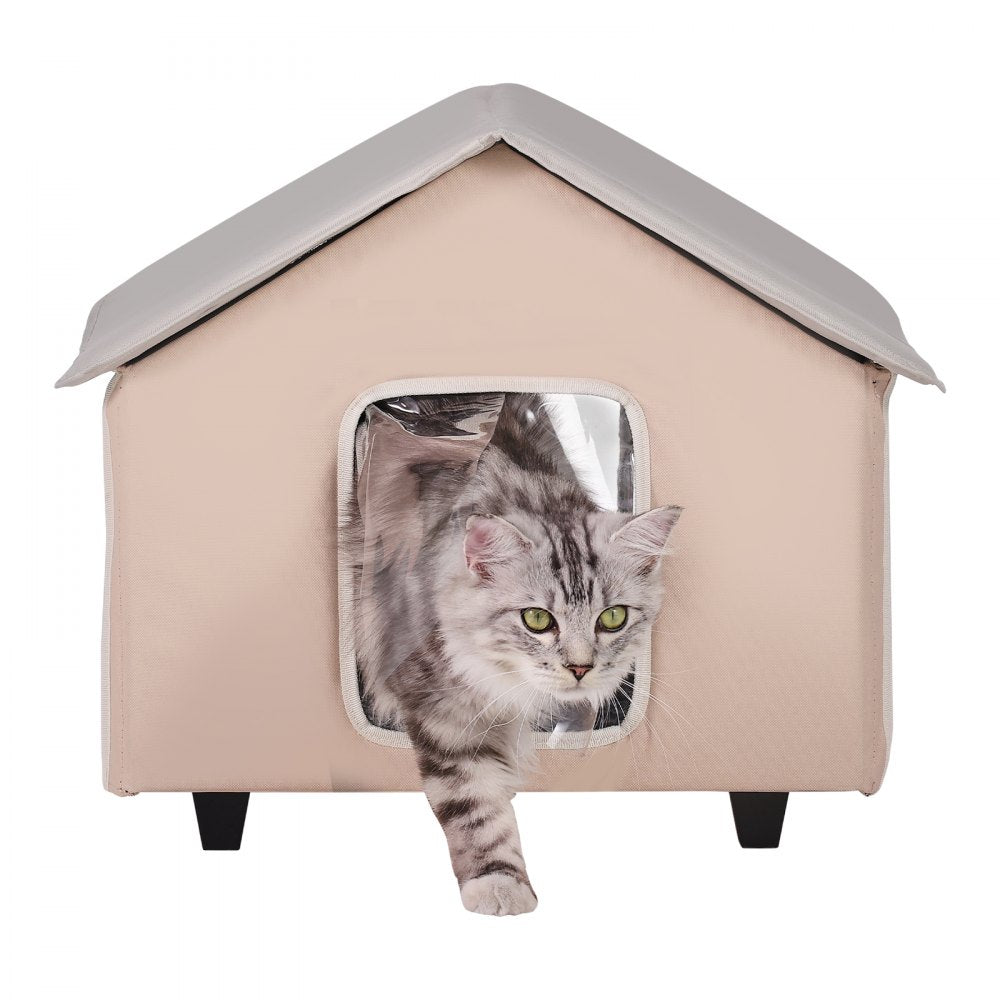 VEVOR Elevated Heated Cat House Kitty Shelter with Heated Pad Brown Middle