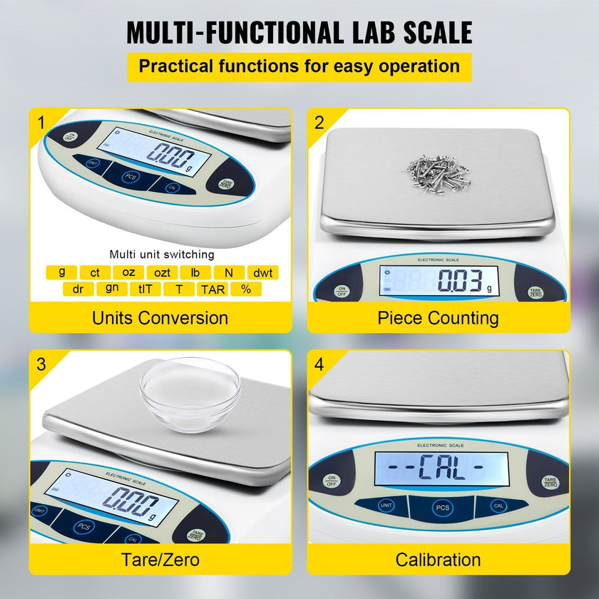 VEVOR Analytical Balance, 5000g x 0.01g Accuracy Lab Scale, High Precision Electronic Analytical Balance, 13 Units Conversion, Counting Function, LCD Display, for Lab University Jewelry (5000g, 0.01g)