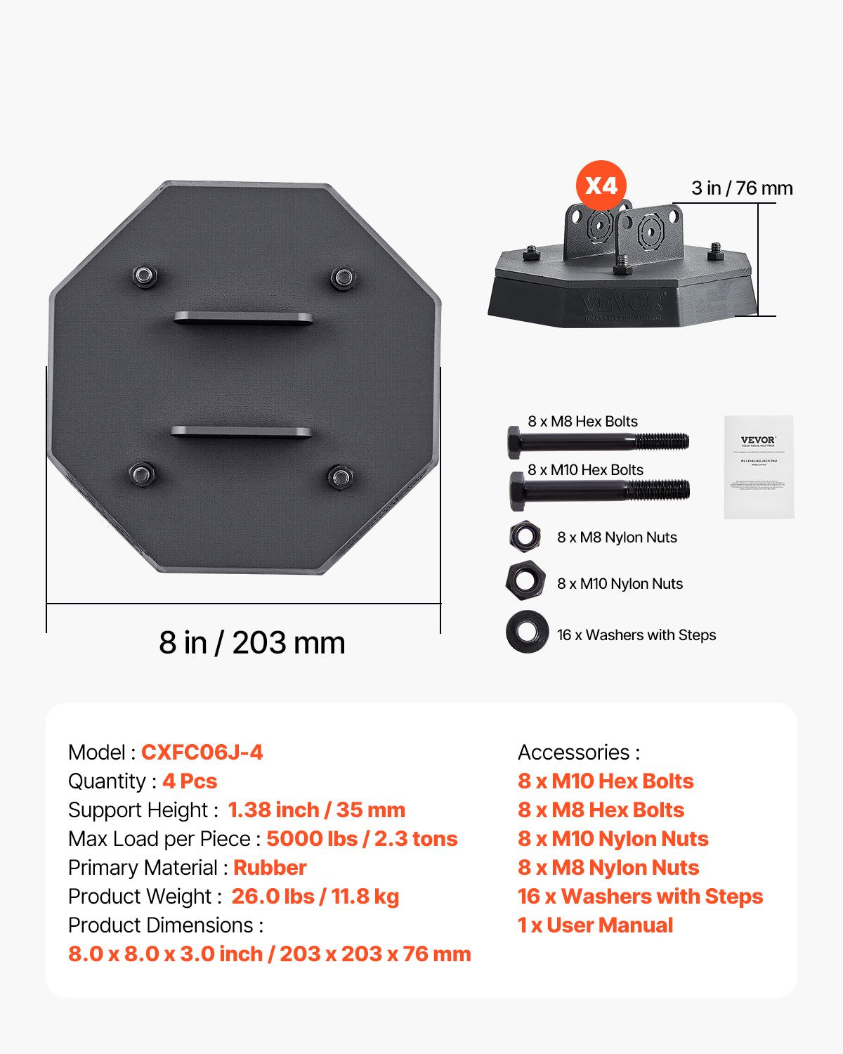 RV Leveling Pads 5000 lbs 4 Pcs Rubber Trailer Jack Pads Scissor Jack Feet