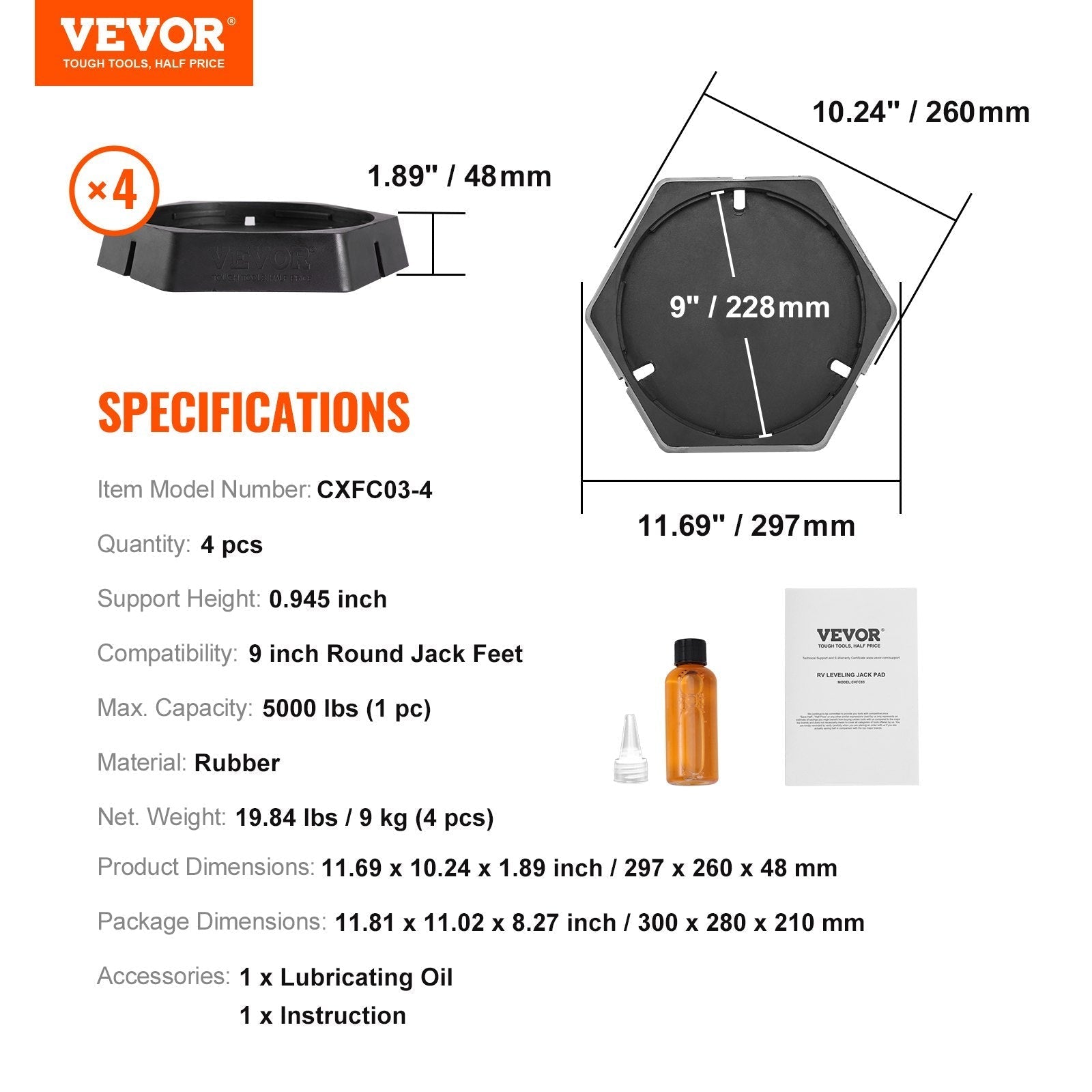 VEVOR RV Leveling Pads, 9 Inch Round Landing Feet, Permanent Attached Jack Stabilizers, Rubber Jack Pads, 5000 lbs Capacity per RV Jack Pad, 5th Wheels, Travel Trailers, Class A/C Motorhomes (4-Pack)