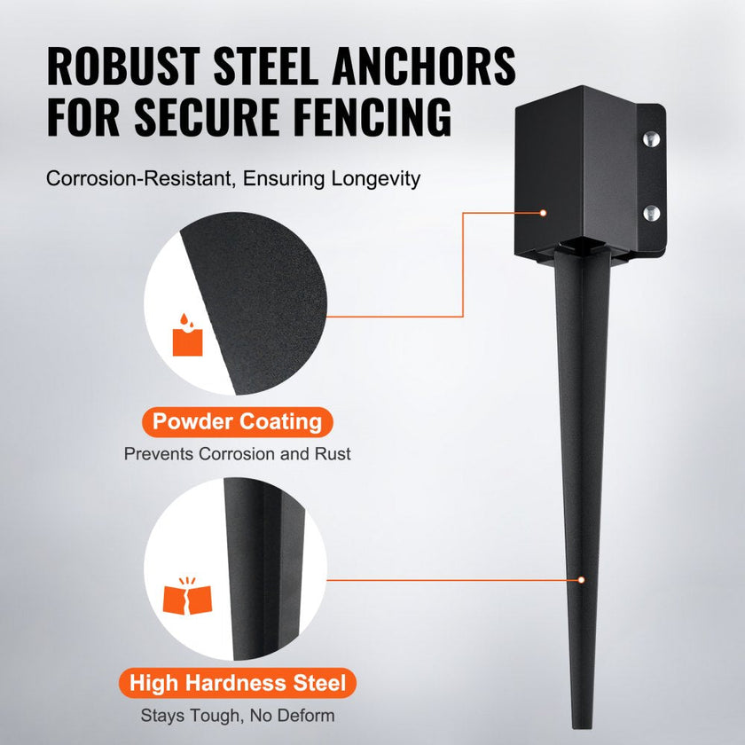 VEVOR Fence Post Anchor Ground Spike, 8 Pack 24 x 4 x 4 Inches Outer Diameter (Inner Diameter 3.5 x3.5 Inches), Metal Black Powder Coated Post Stake Ground, for Mailbox Deck Garden Railing